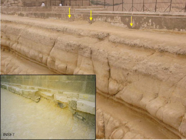 The re–cut area between the top of the southern Sphinx enclosure wall and the Khafre causeway with possible former erosion gullies (arrowed). Inset, close–up of one area of re–cutting. Photograph by the author