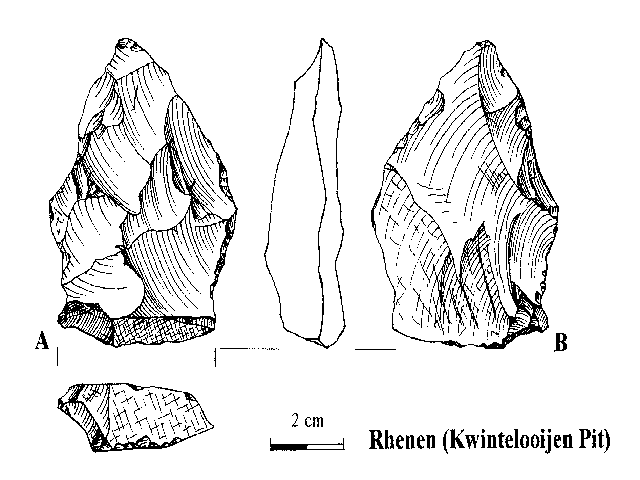 A bifacial core-like artefact of the Rhenen Industry (Kwintelooijen sandpit, Rhenen), knapped in an inadequate way, probably by an advanced pupil. Drawing by L. Johansen.