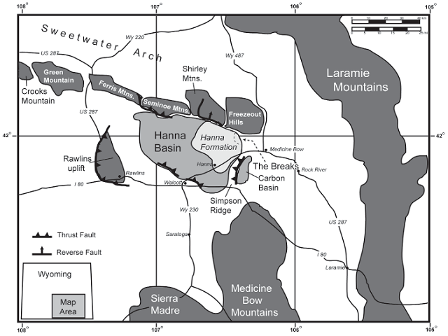 Location map showing the position of the Hanna Basin within Wyoming, and of The Breaks within the Hanna Basin